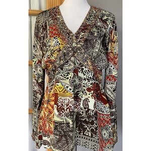 Vtg ICE Beaded Silk Peplum Blouse Women's L  Filigreee Brown Boho Whimsy Classic